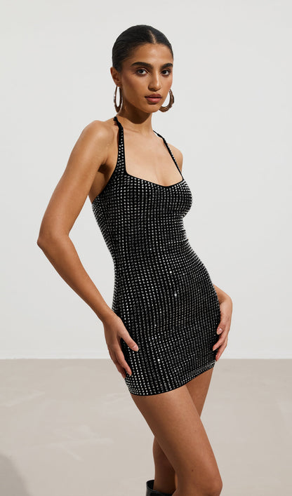 Embellished Halterneck Mini Dress In Black