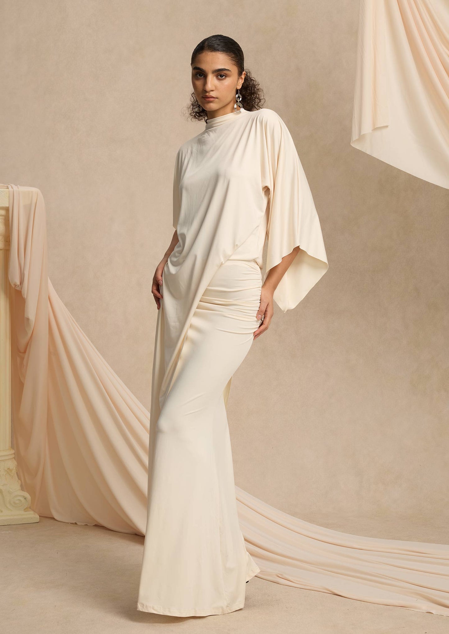 Asymmetrical Blouse & Maxi Skirt With Draped Set