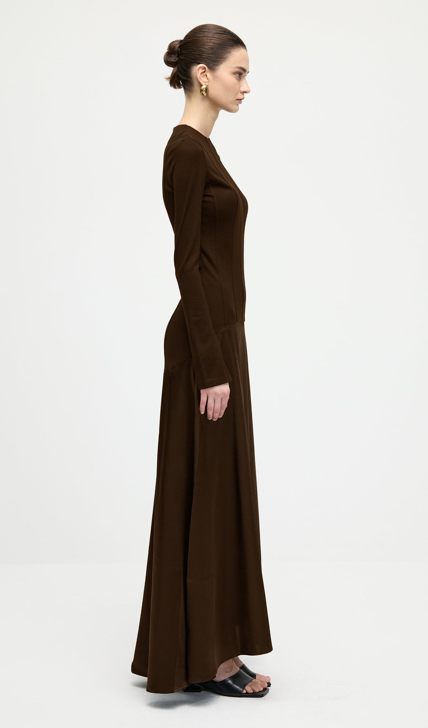 Knitted Satin Maxi Dress In Coffee