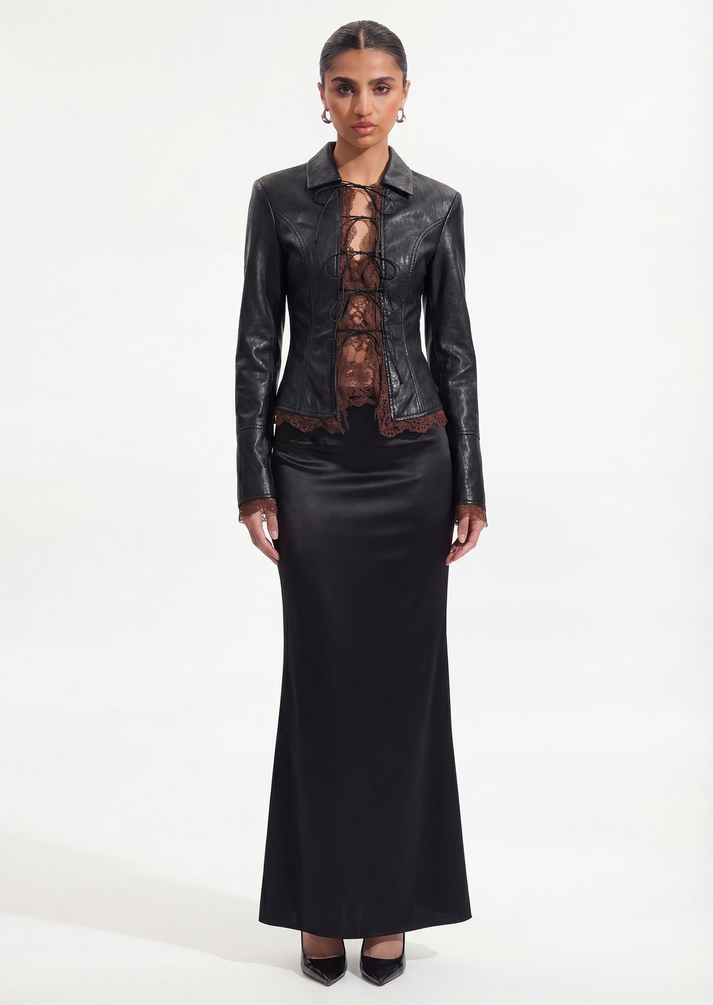 Faux Leather Tie Front Lace-Trim Top