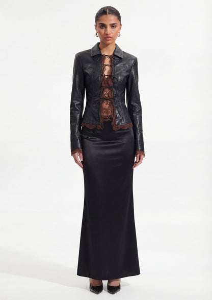 Faux Leather Tie Front Lace-Trim Top