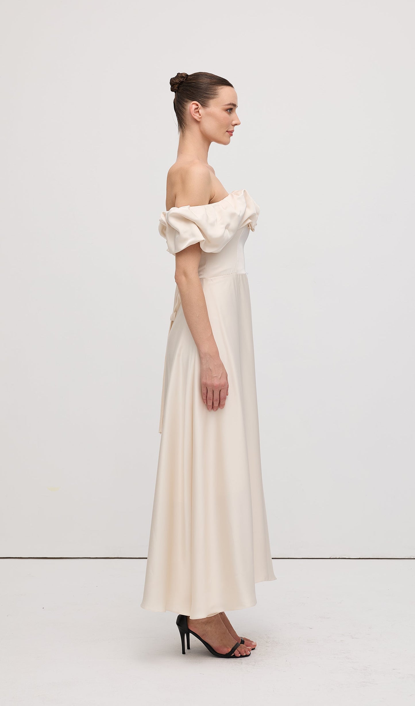 Off Shoulder Ruffle Satin Midi Dress