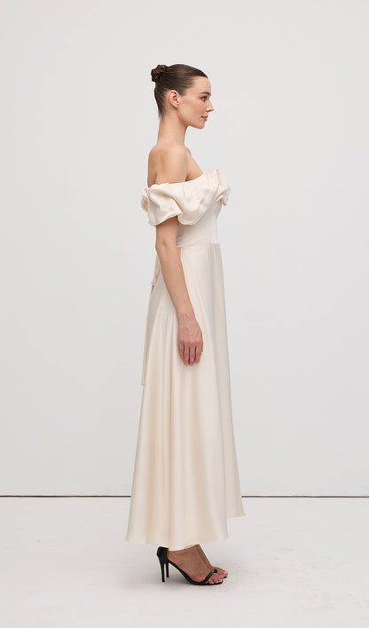 Off Shoulder Ruffle Satin Midi Dress