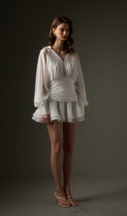 Solid Lantern Sleeve Mini Dress In White