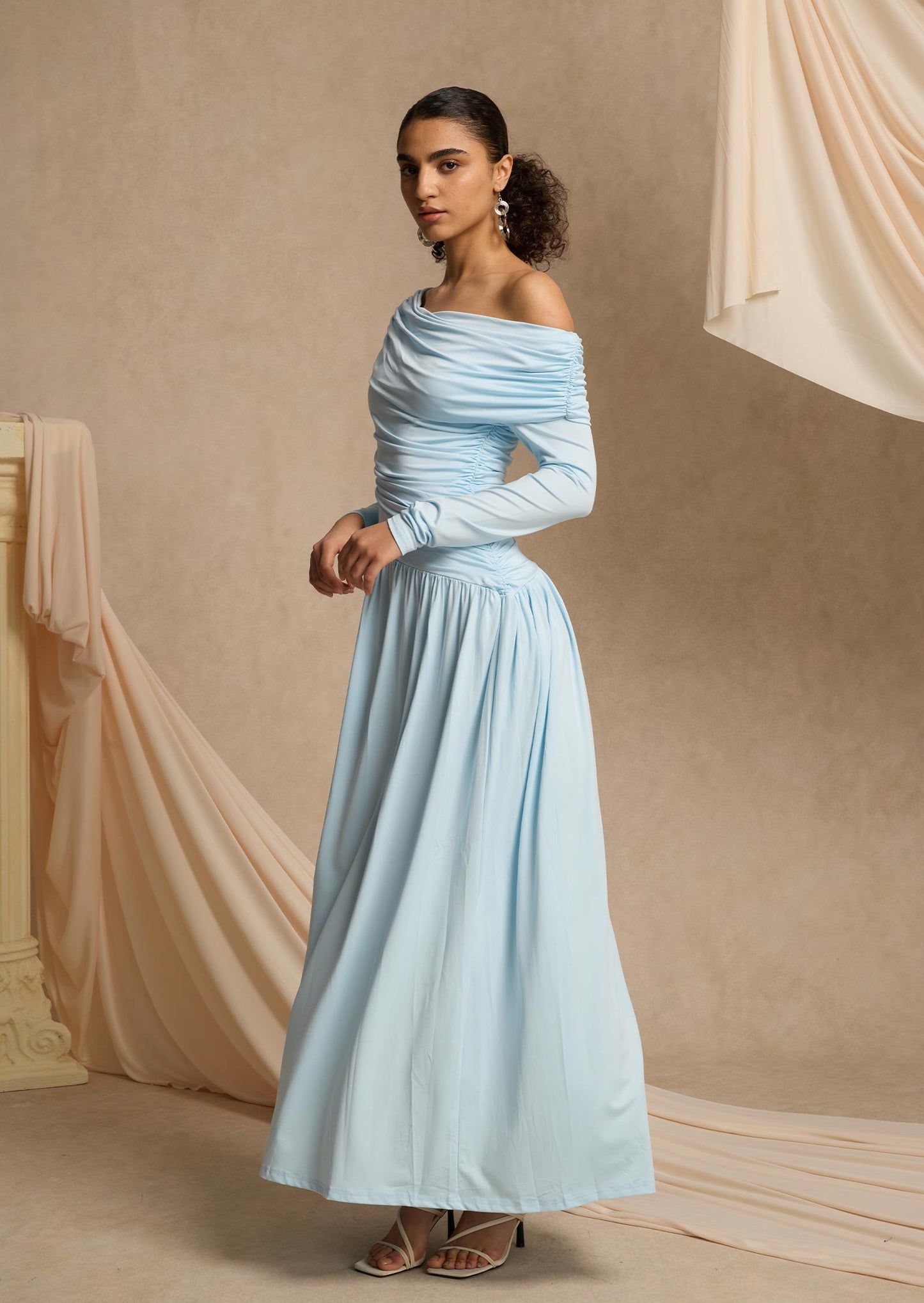 Layali Rose Jersey Gathering Long Sleeve Maxi Dress