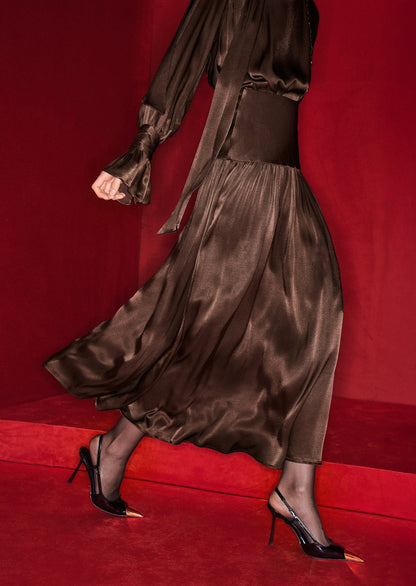 Viscose Midi Dress With Matching Ribbon Scarf In Brown
