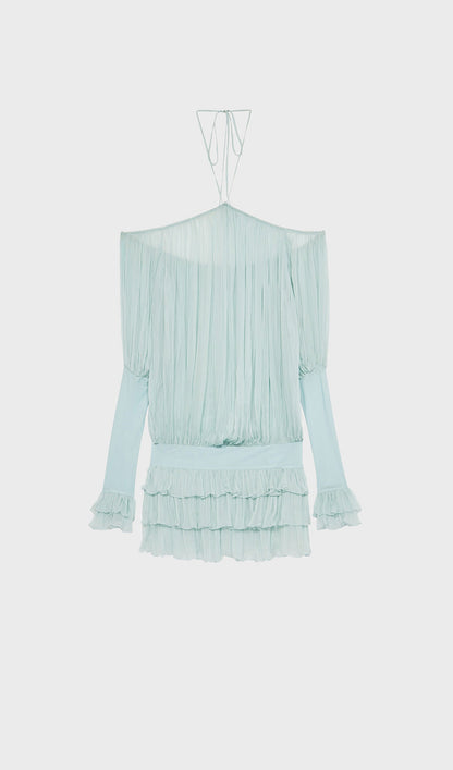 Long Sleeve Pleated Dress In Pale Blue