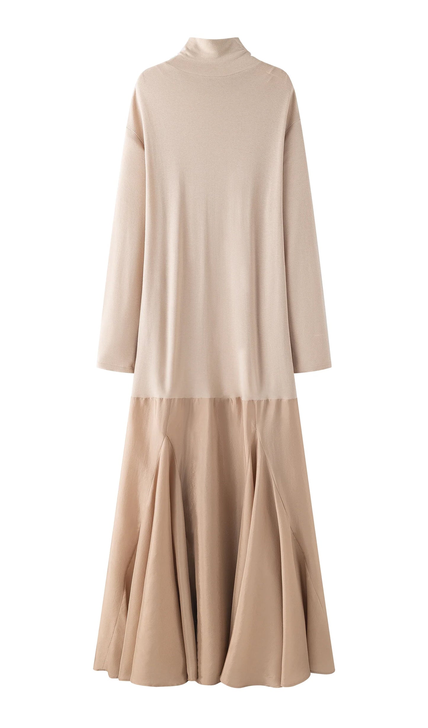 Turtleneck Long Sleeve Satin Maxi Dress In Beige