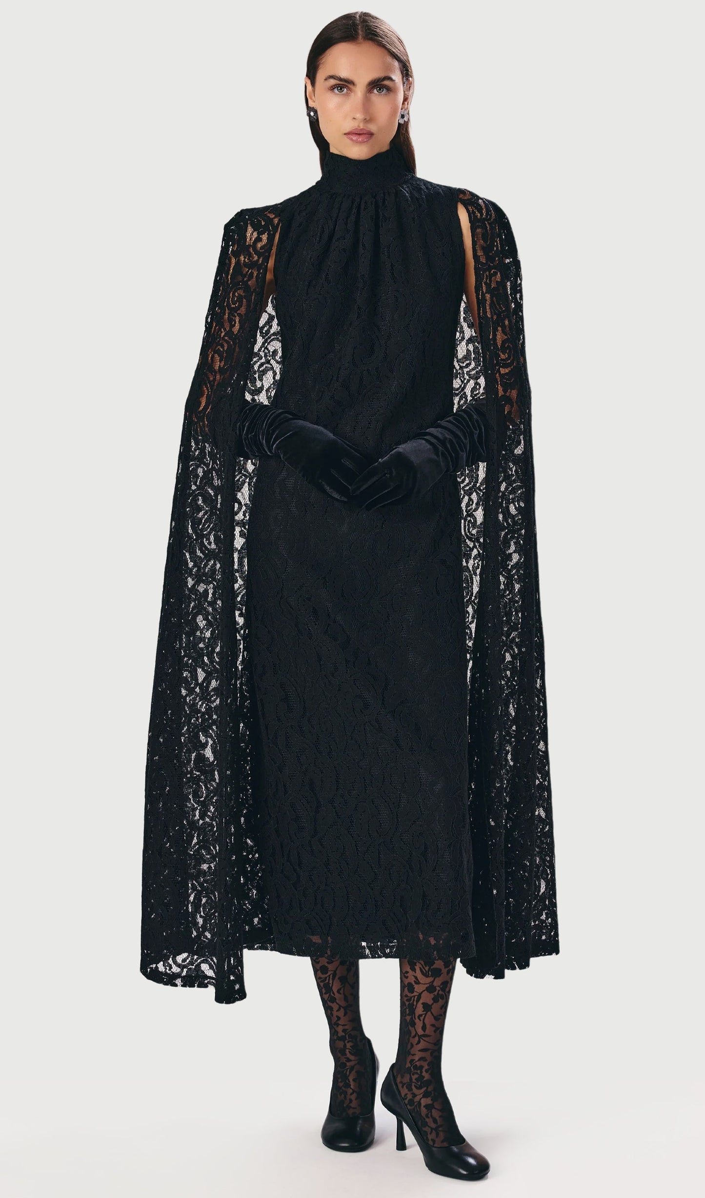 Layali Rose Lace Cape Midi Dress
