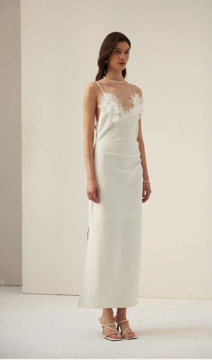 Feather Trim Slip Midi Dress
