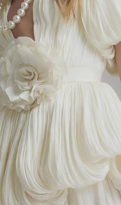 V Neck 3D Floral Pleated Mini Dress