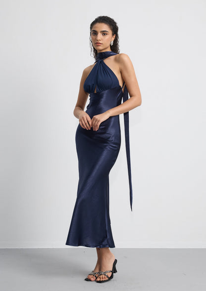 Satin Twist Front Halterneck Midi Dress