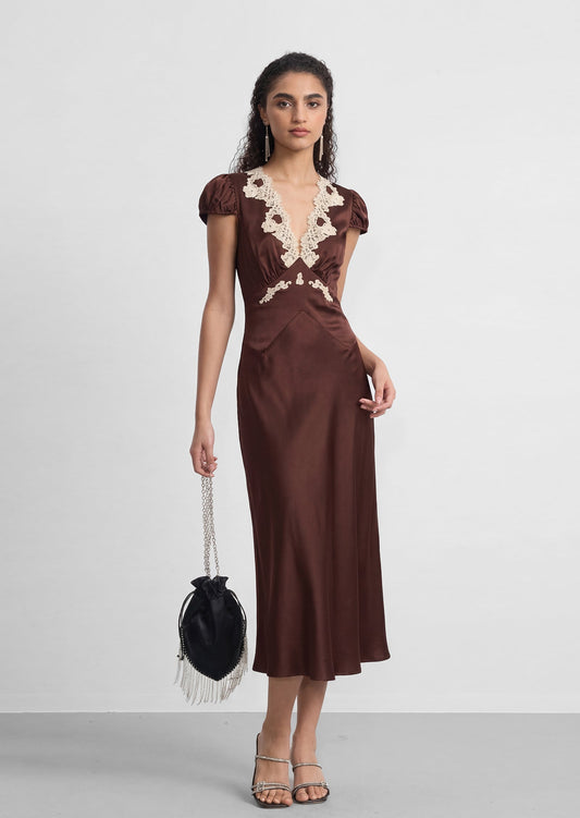 Mattey Plunging V Neckline Satin Midi Dress