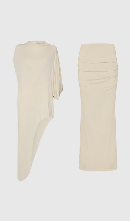 Asymmetrical Blouse & Maxi Skirt With Draped Set