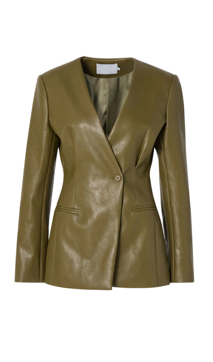 Vegan Leather Blazer In Khaki Green