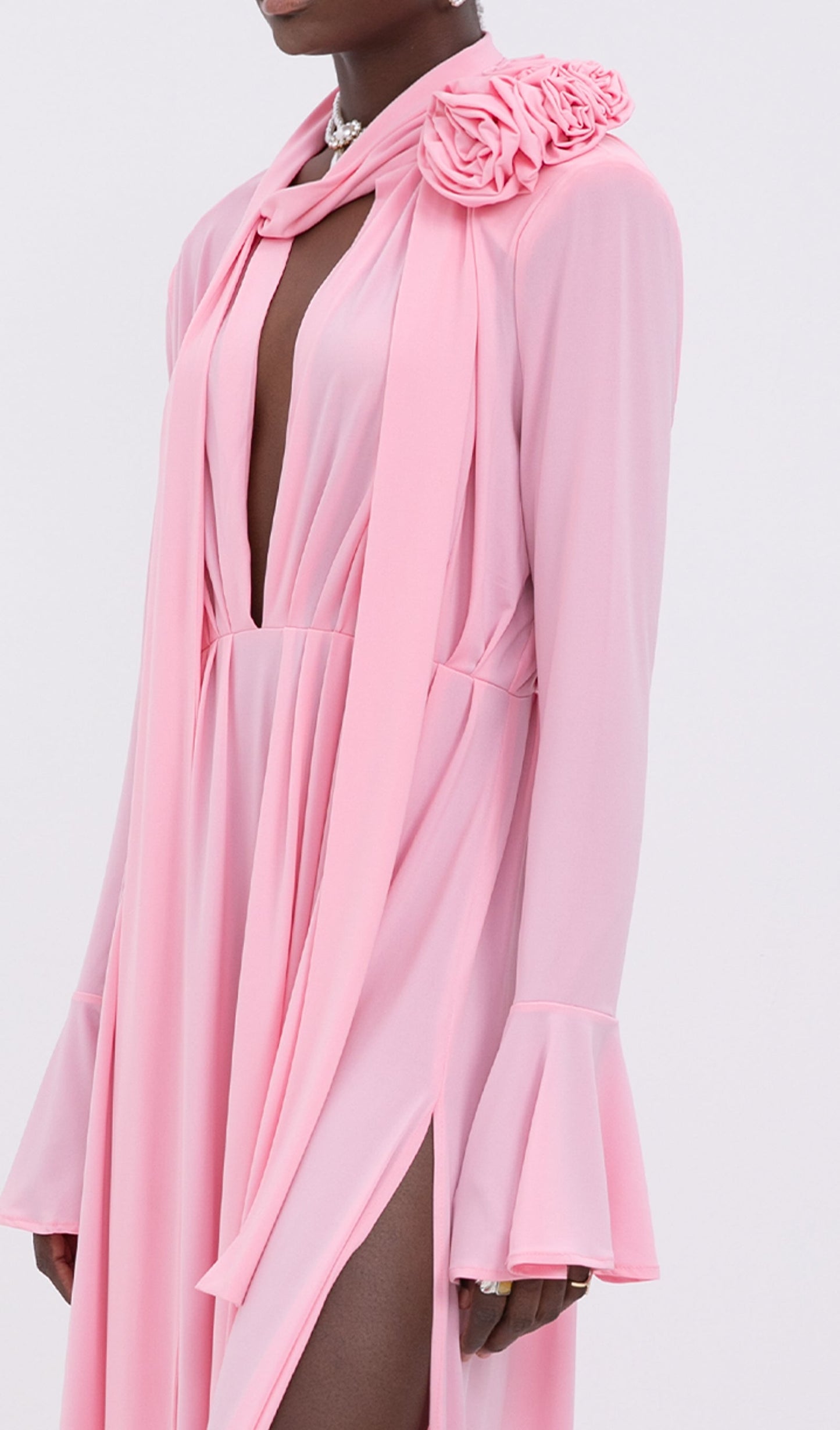 Trendy V-Neck Pleated Slit Maxi Dress-Pink