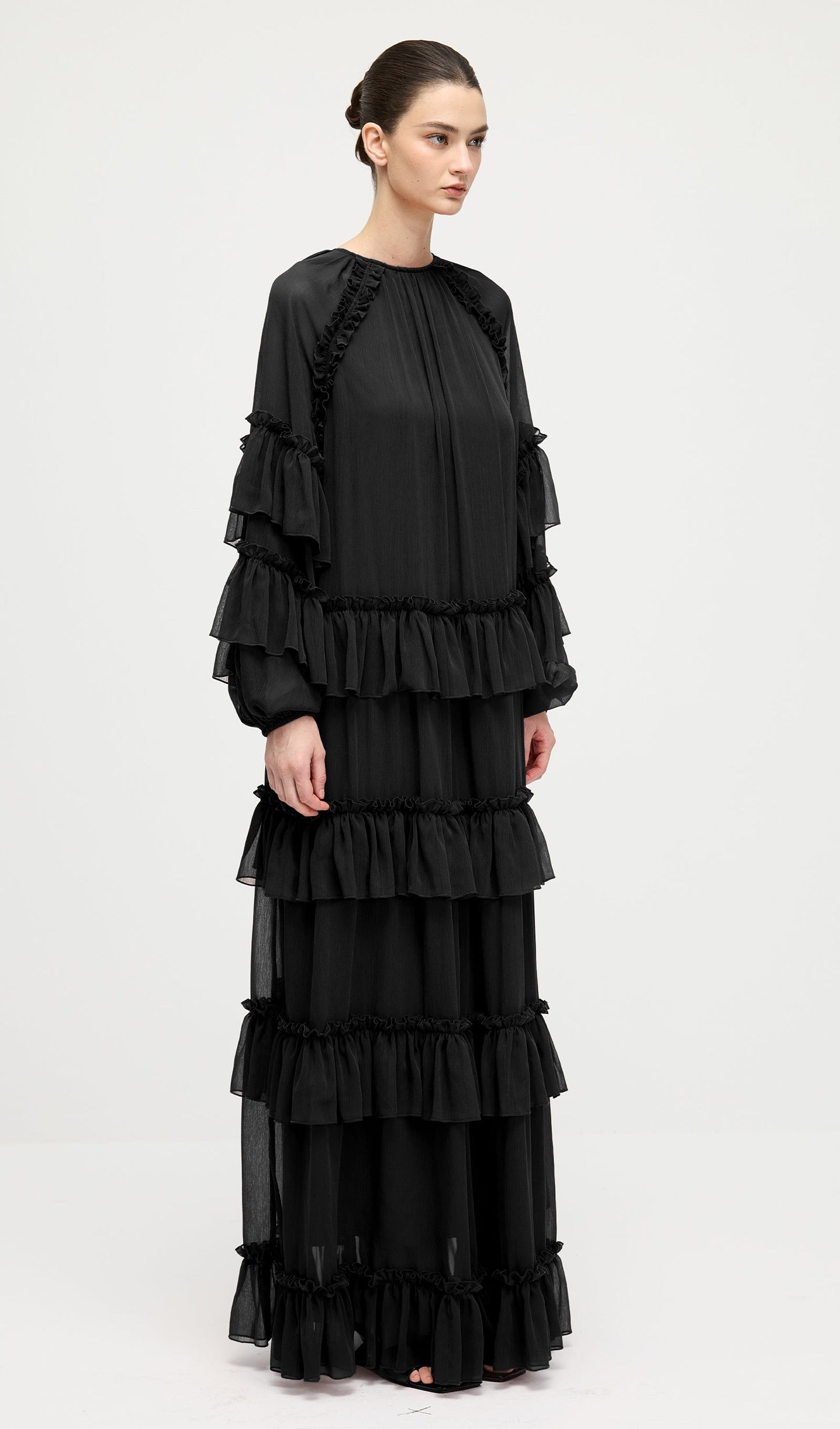 Ruffle Tiered Puff Sleeve Maxi Dress In Black