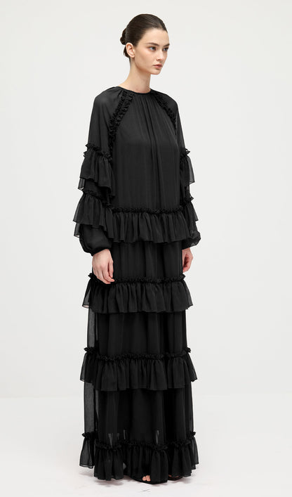 Ruffle Tiered Puff Sleeve Maxi Dress In Black