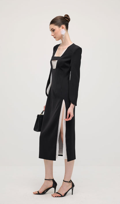 Slit Square Shoulder Midi Dress In Black