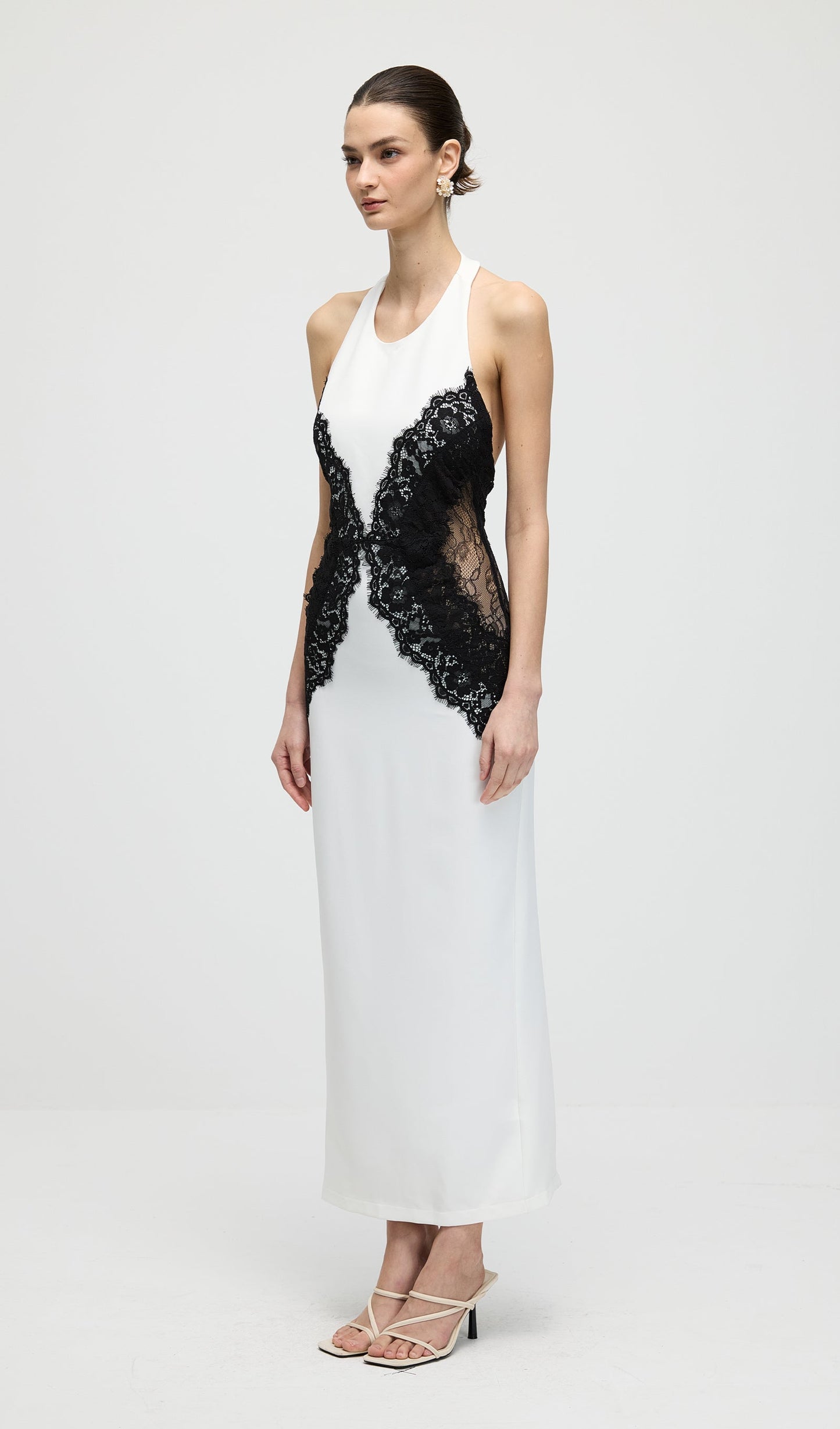 Solid Open Back Maxi Dress In Crepe & Lace