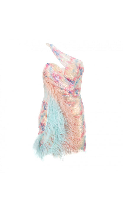 Asymmetric Sequined With Feathers Mini Dress