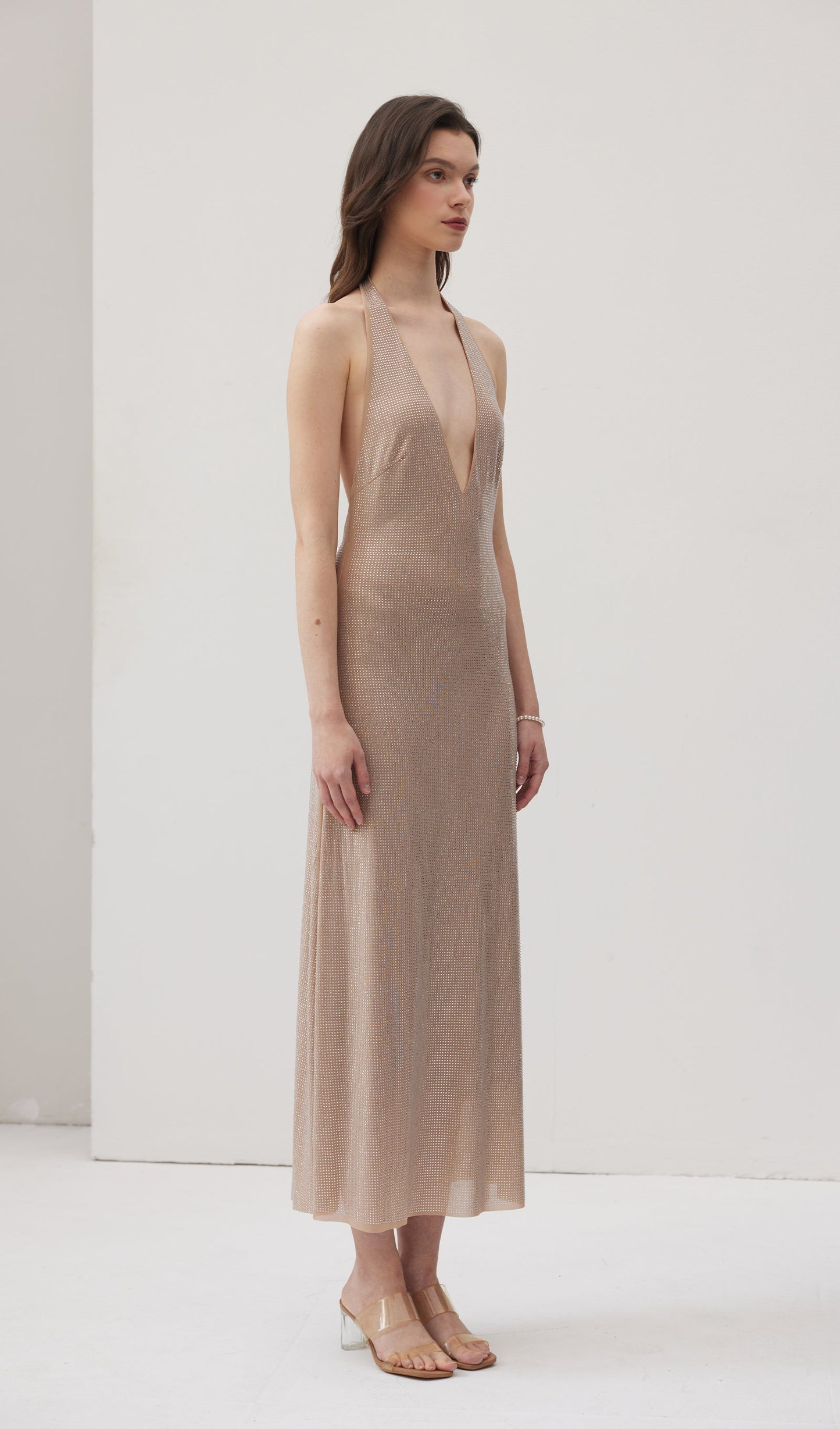 Diamante Halter Midi Dress - Nude
