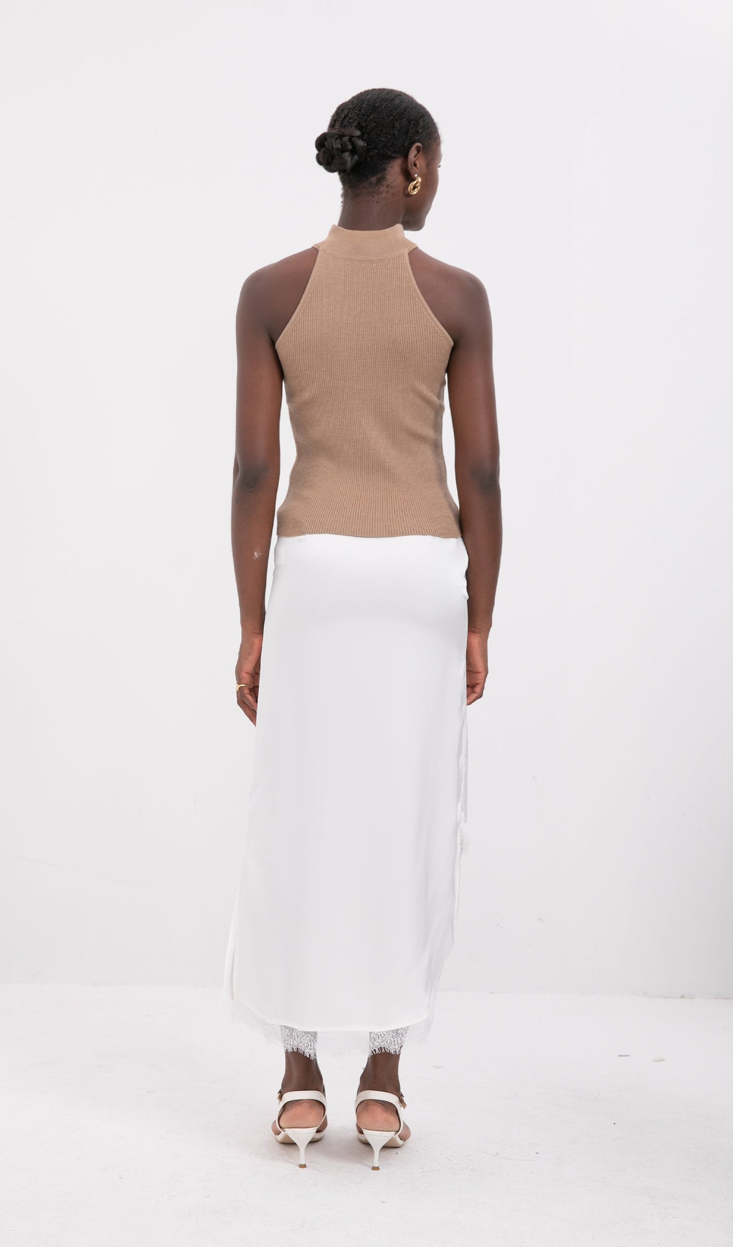Trendy Satin Lace-Trim Midi Skirt-White