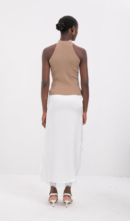 Trendy Satin Lace-Trim Midi Skirt-White