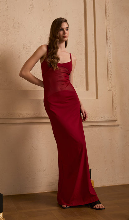 Sheer Knit Curve Maxi Dress In Red