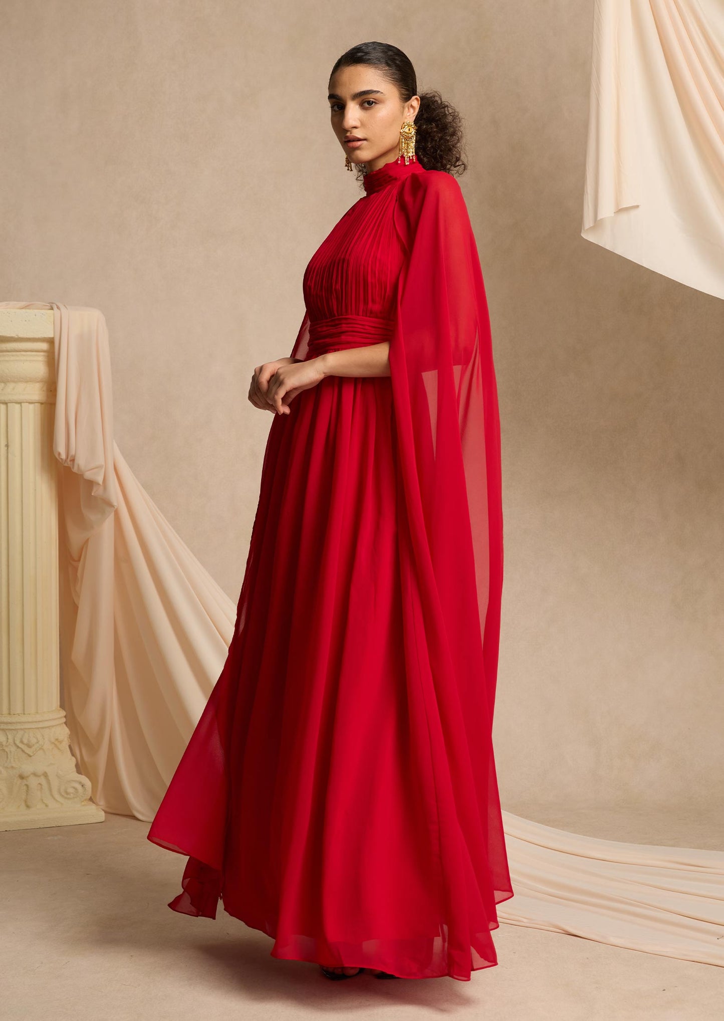 Layali Rose Cape Effect Gathered Chiffon Gown