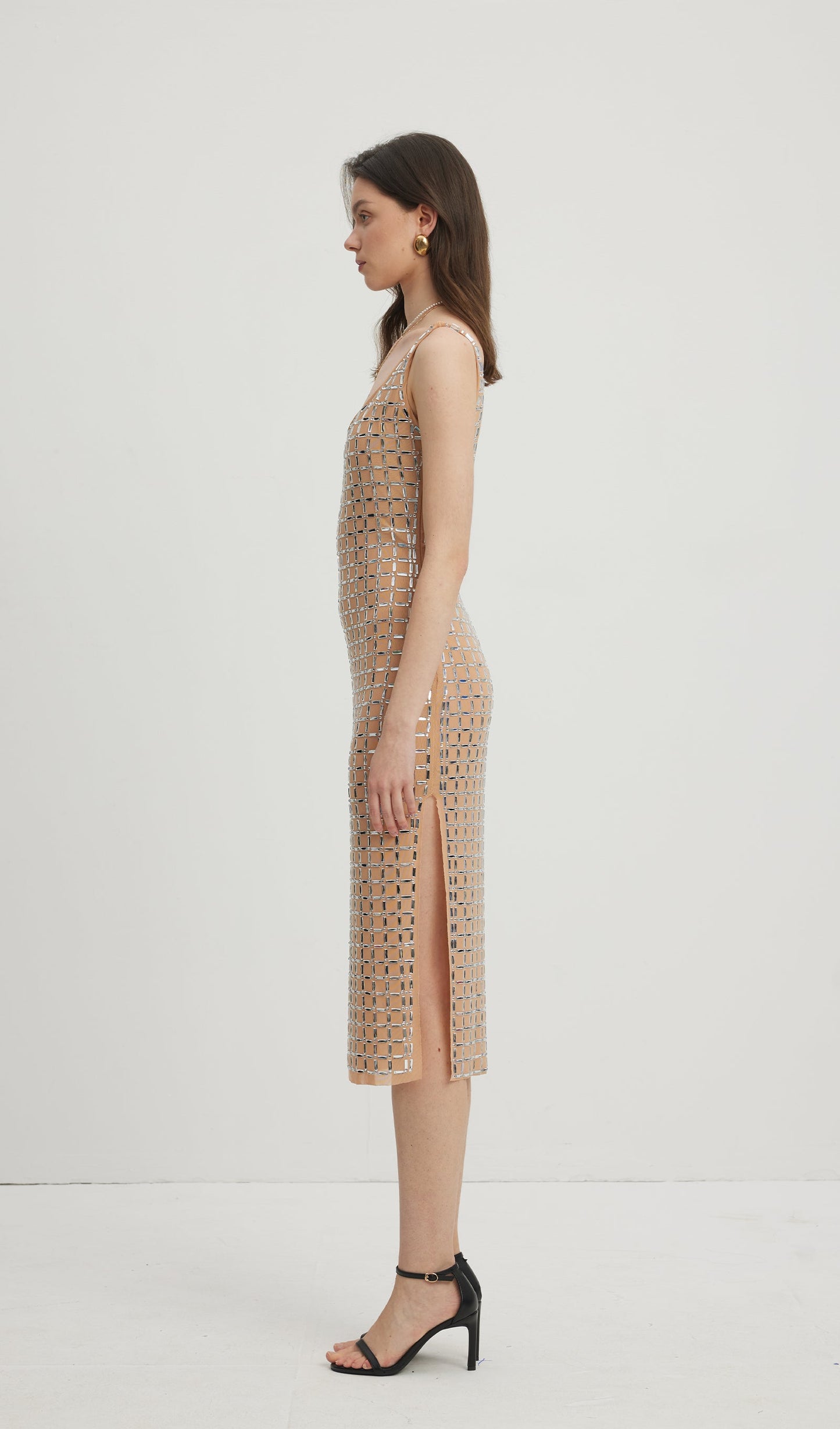 Embellished Open-Back Midi Dress Nude