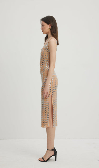 Embellished Open-Back Midi Dress Nude