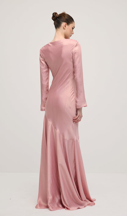 Fitted Satin With Rhinestones Maxi Dress In Pink