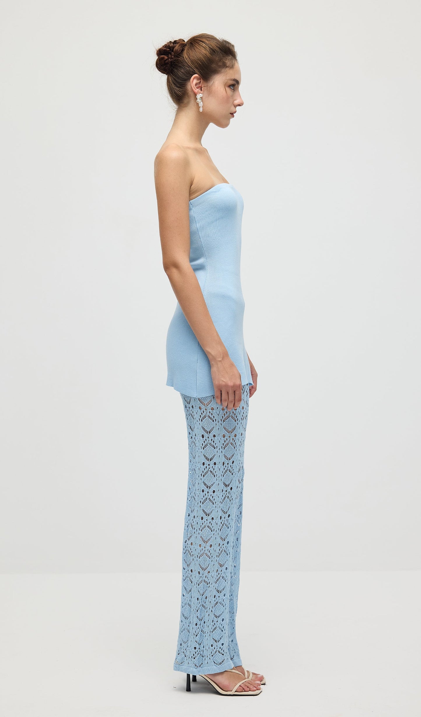 Bandage Knit Top & Crochet Knit Pants In Blue