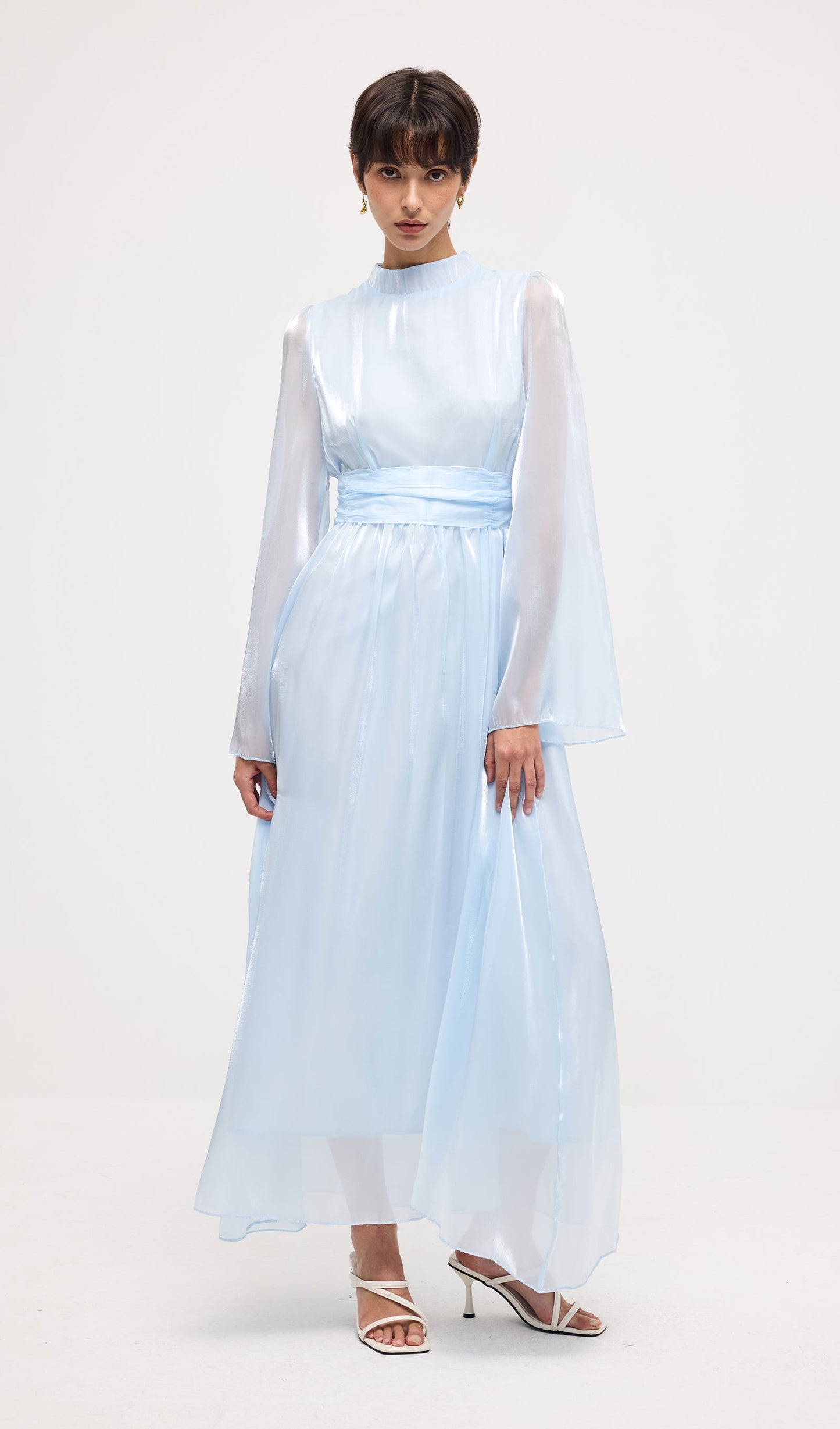 High Neckline Flared Hem Maxi Dress