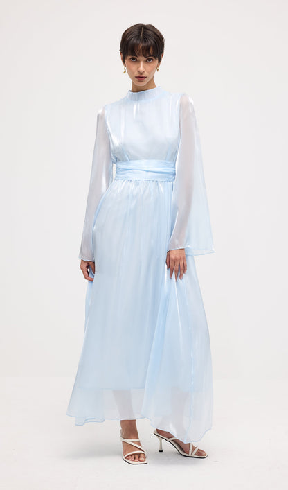 High Neckline Flared Hem Maxi Dress