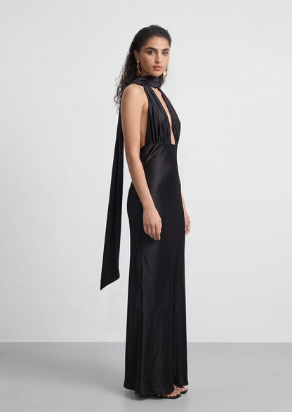 Athena plunging V Neck Satin Maxi Dress In Black