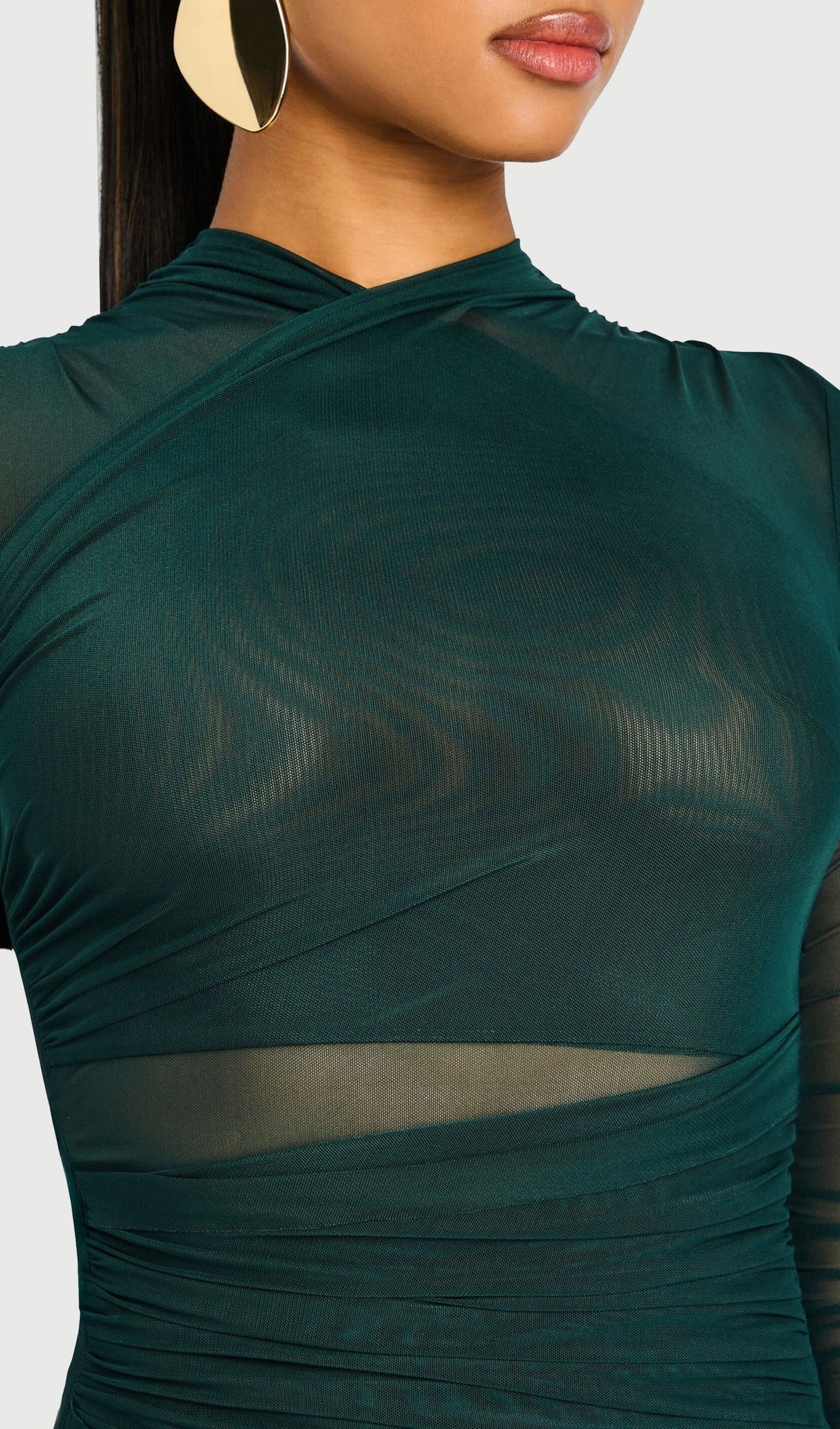 Moxey Ruched Mesh Mini Dress In Green
