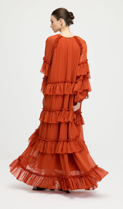 Ruffle Tiered Puff Sleeve Maxi Dress In Orange