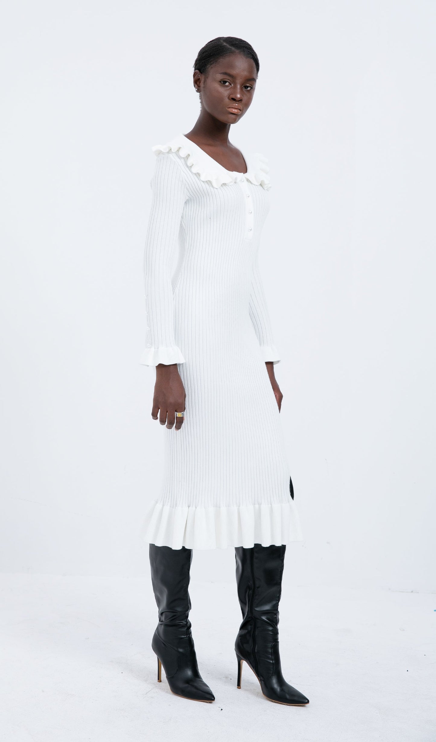 Trendy Knitted Ruffle Midi Dress-White