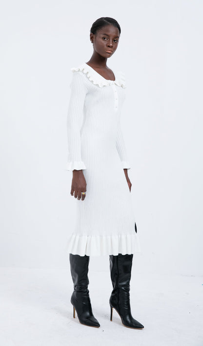 Trendy Knitted Ruffle Midi Dress-White