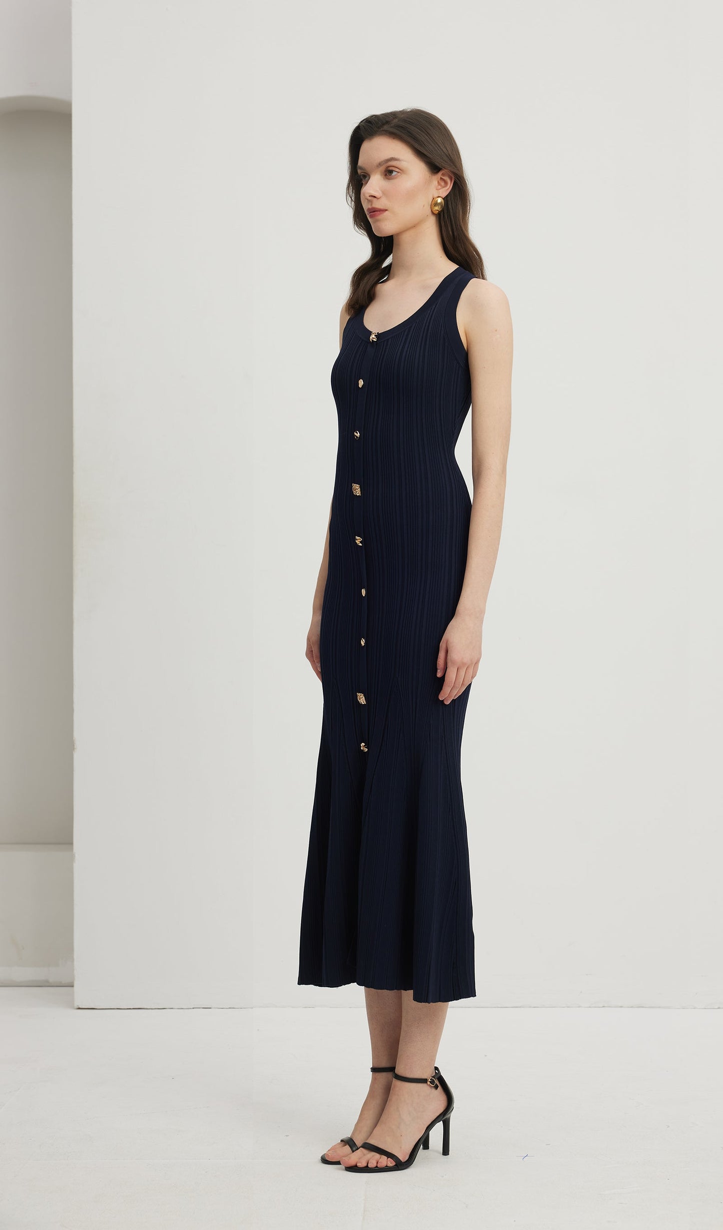 Metallic Button Knit Midi Dress