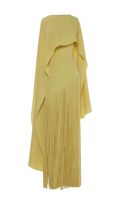 Cape Detailed Fringed Gown