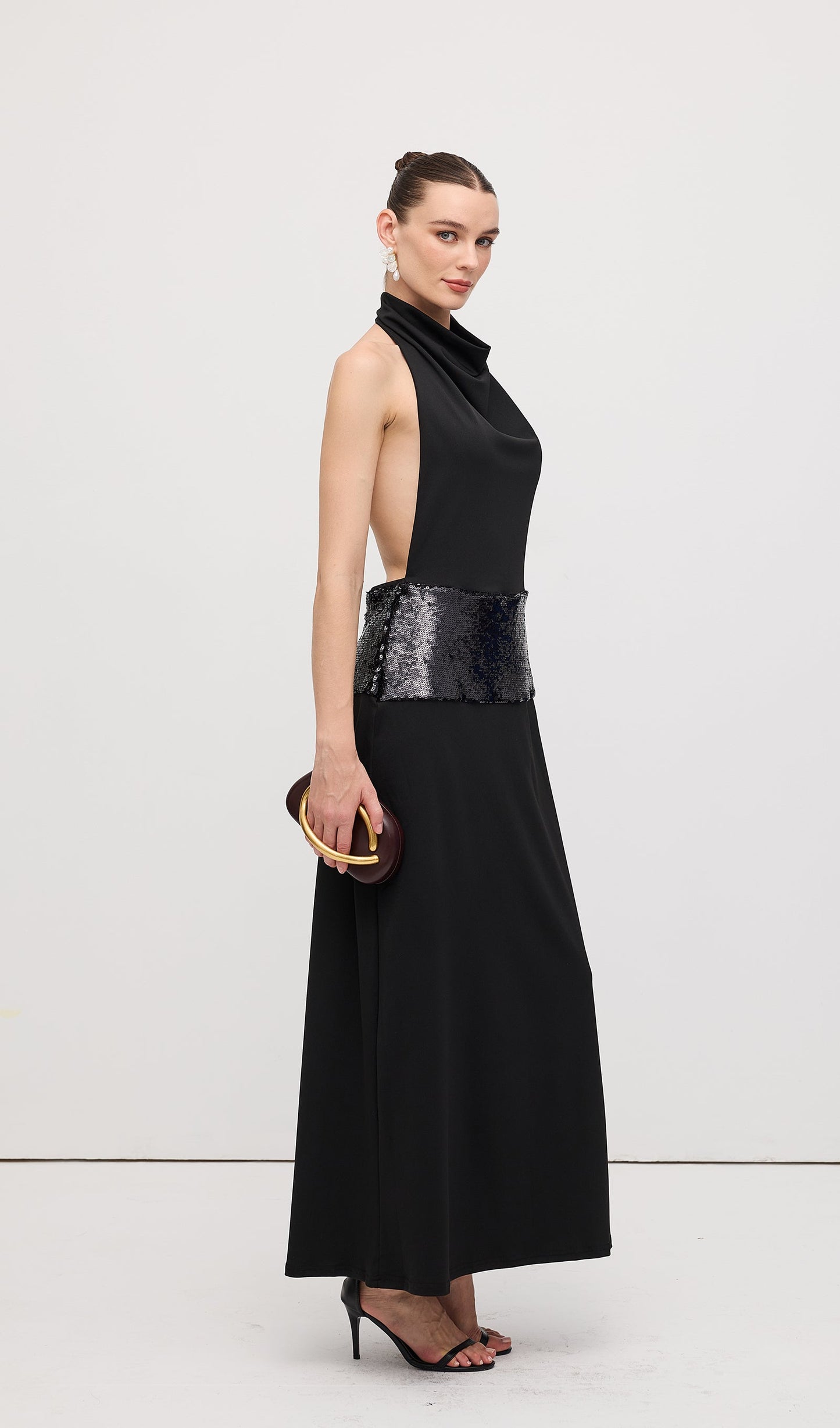 Draped Cowl Neck Open Back Maxi Dress