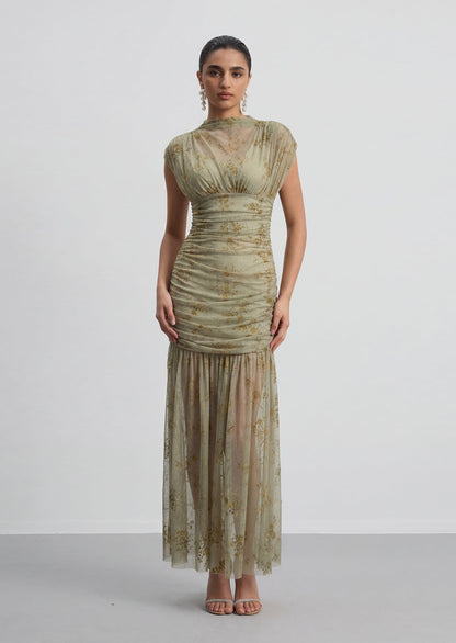 Haruna Floral Ruched Mesh Maxi Dress