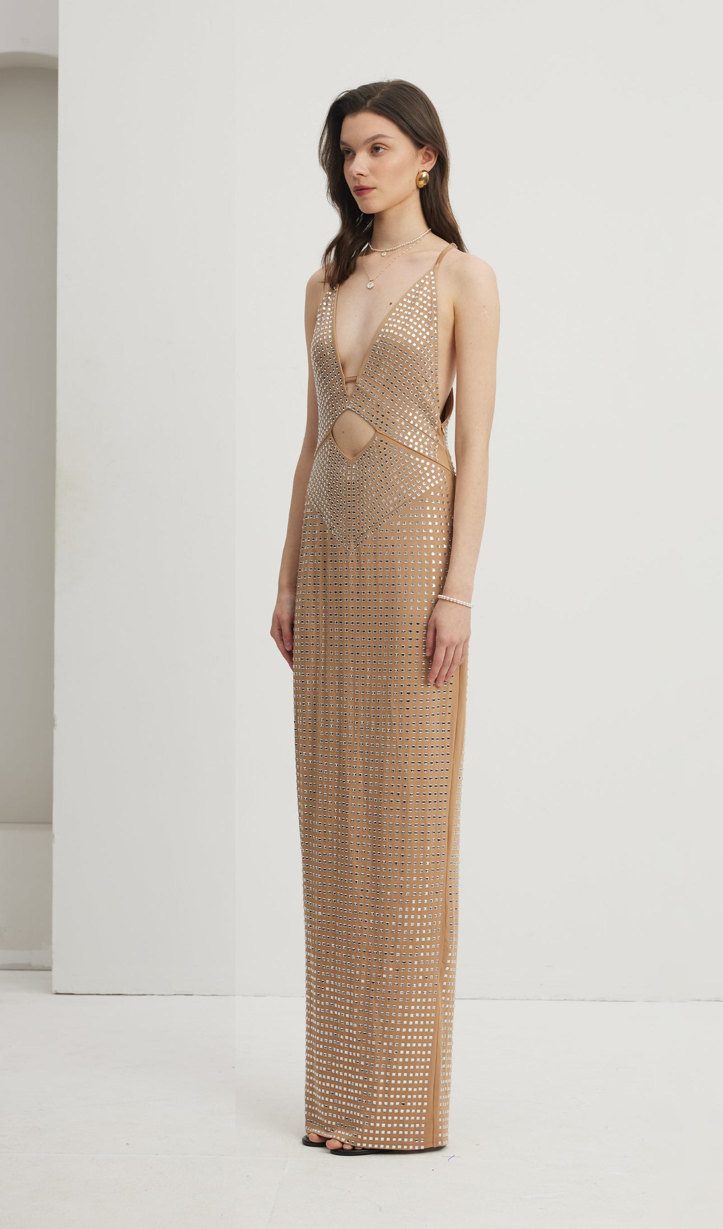 Embellished Cut-Out Maxi Dress Nude