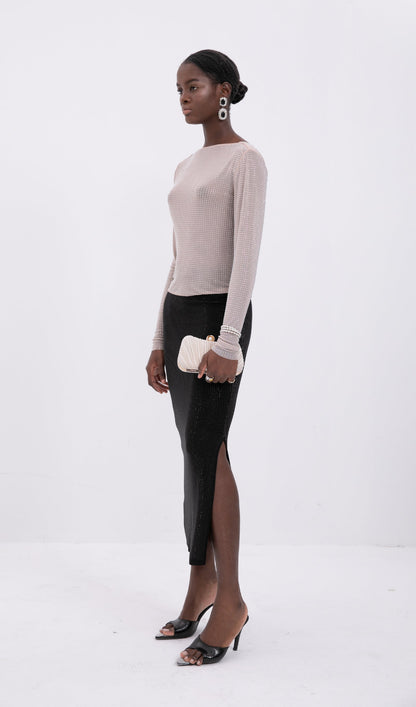 Black Tone Beaded Midi Skirt
