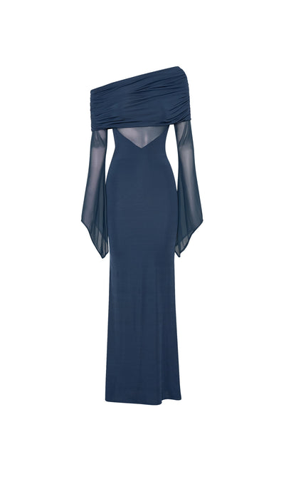 One Shoulder Slinky Ruched Maxi Dress-Blue