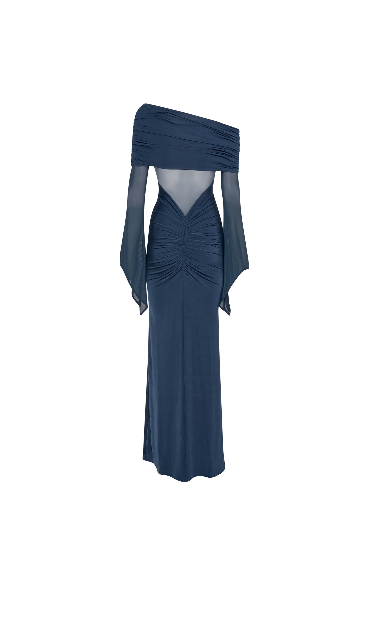 One Shoulder Slinky Ruched Maxi Dress-Blue