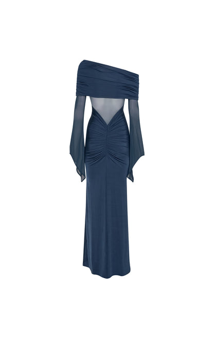 One Shoulder Slinky Ruched Maxi Dress-Blue